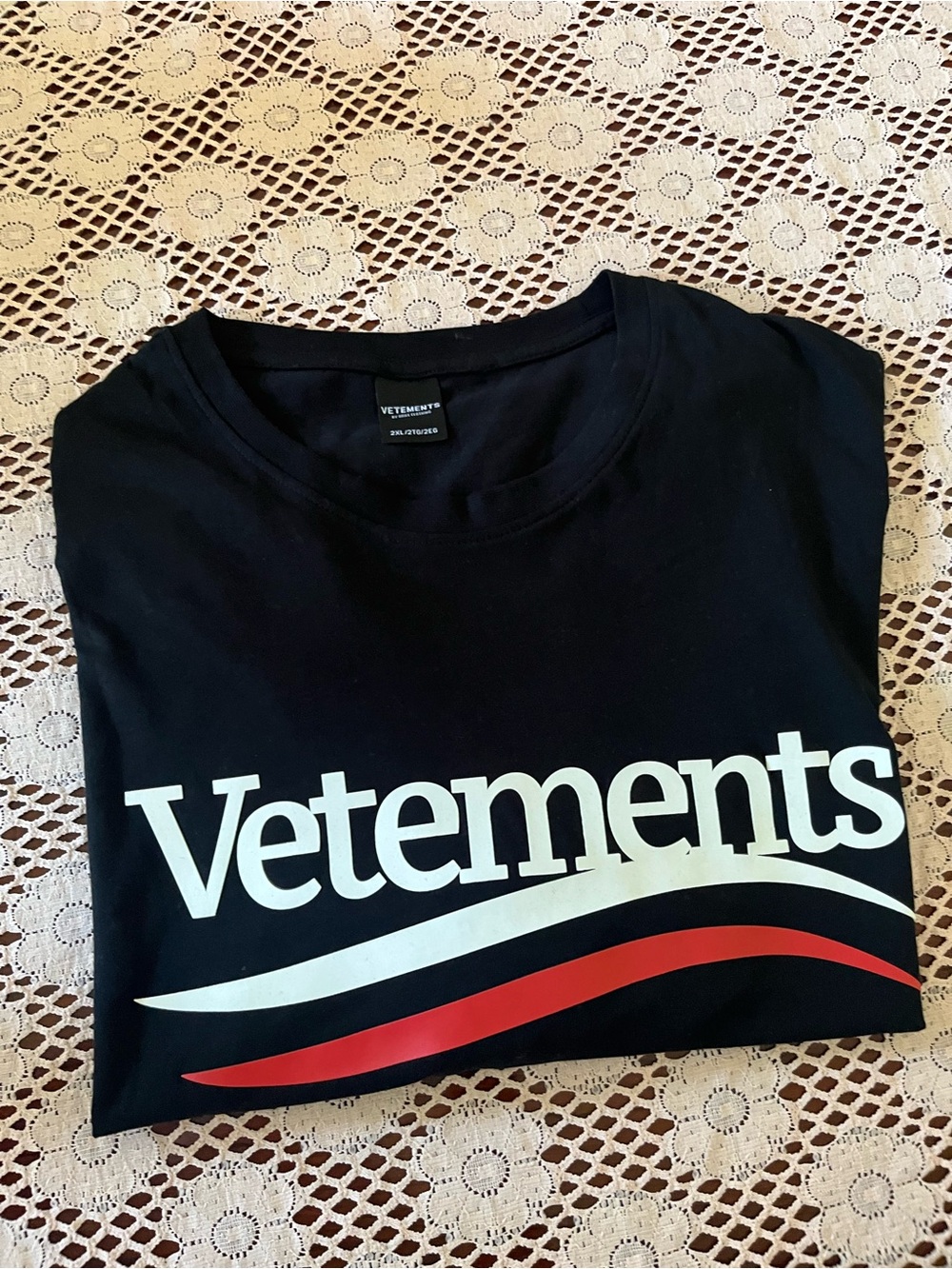 Vetements Black Tee with White Logo and Red Wave Size 2Xl